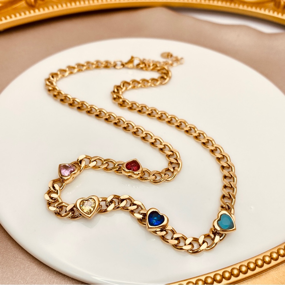 Fabulous Cuban Link Studded Colorful Hearts CZ Necklace in Gold - Picture 4 of 9